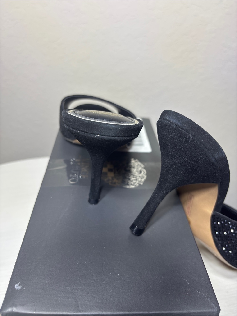 NIBox Vince Camuto Crystal Embellished Black Mule Heels Evening Shoes 9.5 - Picture 5 of 6